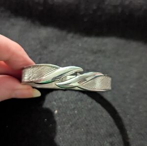 Vintage Monet Silver Tone Textured Hinged Cuff Bangle Statement Bracelet